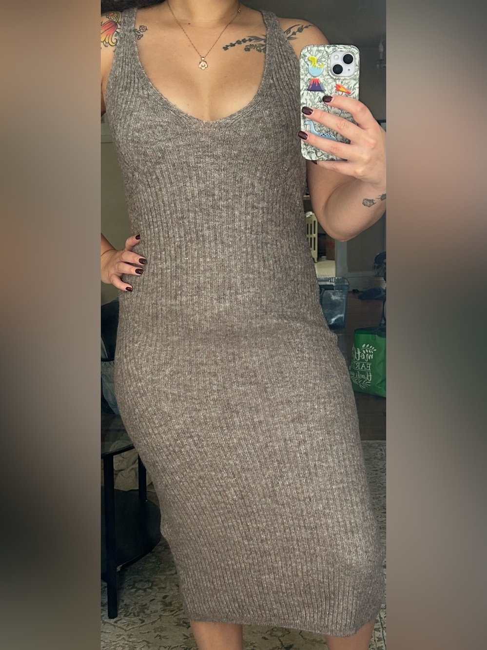 H&M Taupe Ribbed Tank Midi Dress